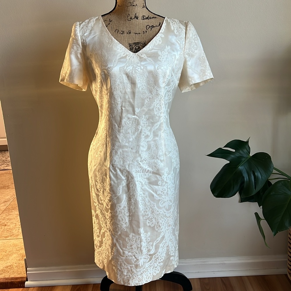 Escada Margaretha Ley Silk Ivory Jacquard Kleid Dress Bridal Vintage NEW Sheath